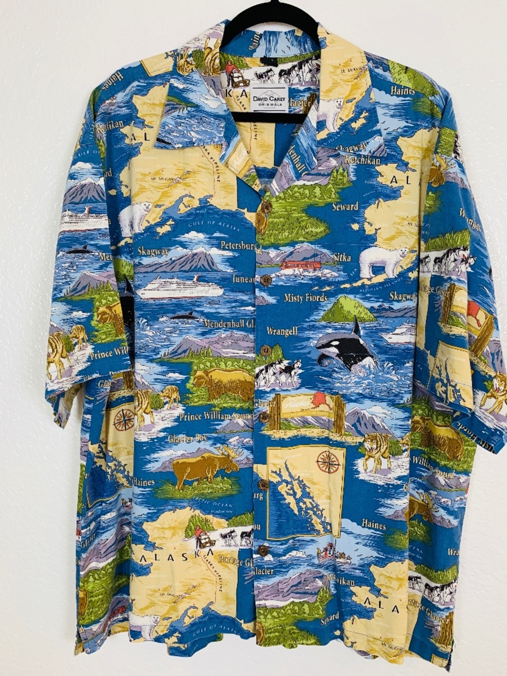 David Carey Originals Alaska Print Hawaiian Camp Shirt Mens 2XL Blue Button Up